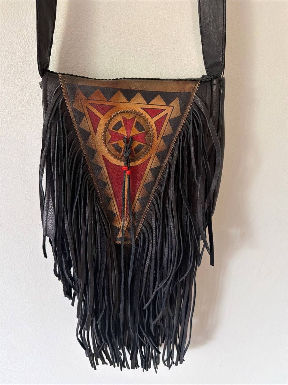 KOBLER Vntg Adjustable Crossbody Navajo Hand-Painted Leather Bag Fringes Black